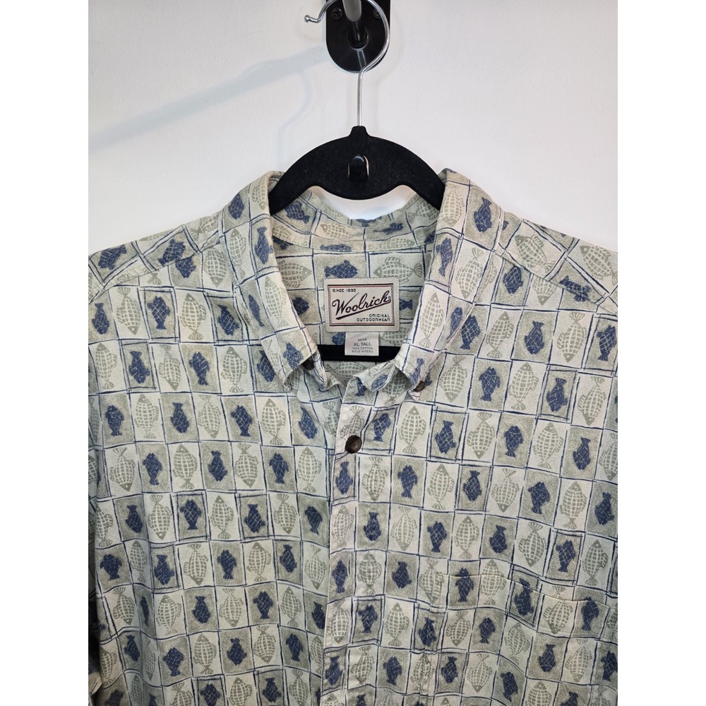 Woolrich Short Sleeve Button Down Shirt Mens XLT Tall Fish Print Pattern Block